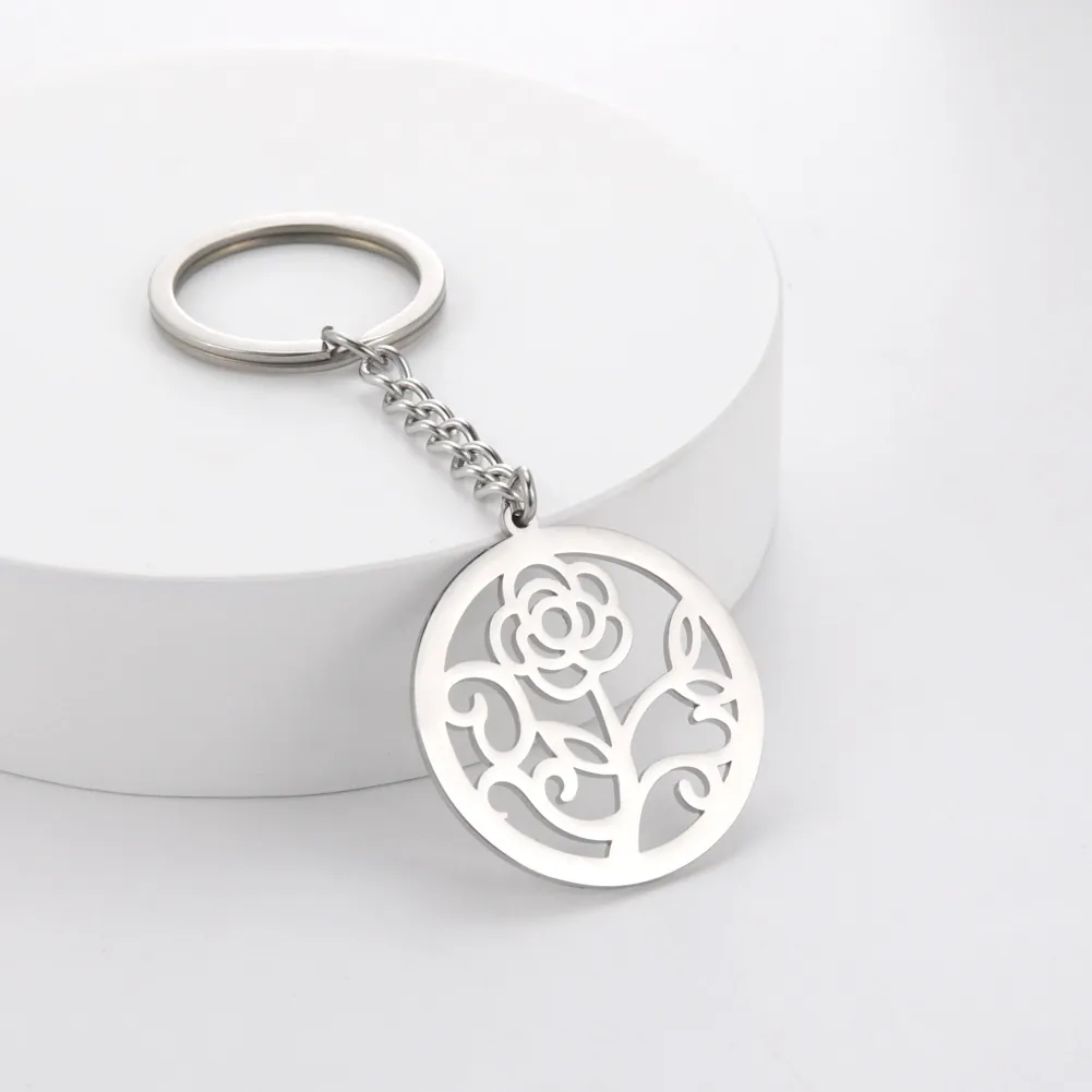 Minimalist Stainless Steel Hollow Round Rose Flower Pendant Keychain For Women Silver Botanical Leaf Pattern Key Ring Gift