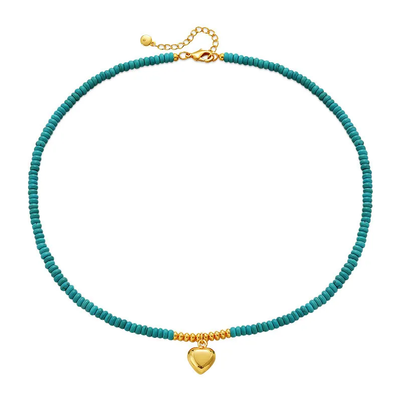 Exotic Style Zinc Alloy Artificial Turquoise Beaded Heart Pendant Necklace For Women Handmade Lucky Beads Choker Jewelry Gift