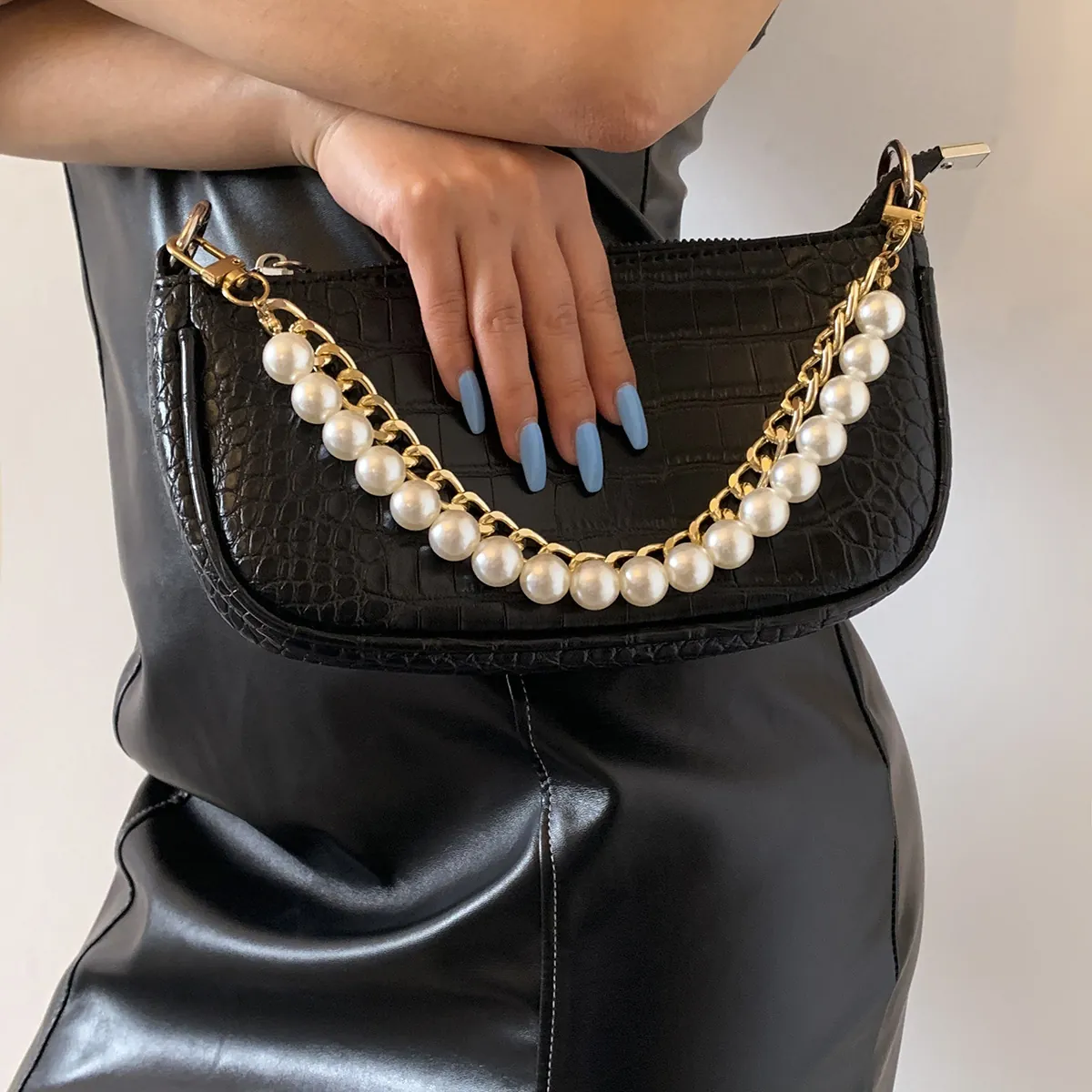 Handbag Strap Chain Faux Artificial Pearl Alloy Replacement Handle For Shoulder Bags Retro Accessory Decor