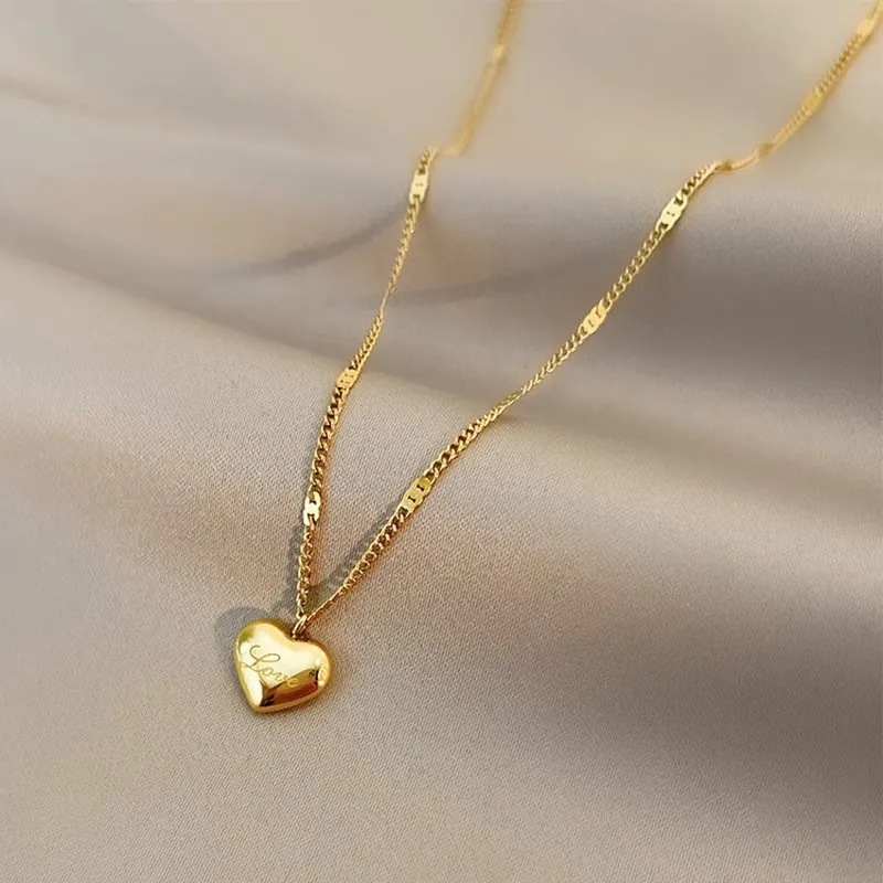 Heart Pendant Necklace Titanium Steel Gold Plated Love Letter Engraved Minimalist Clavicle Chain Jewelry For Women