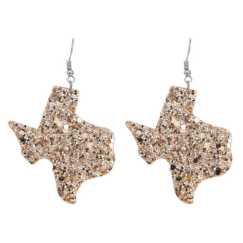 Texas State Map Glitter Leather Drop Earrings Personalized Alloy Hook Earrings Shiny Lightweight Jewelry For Women Party