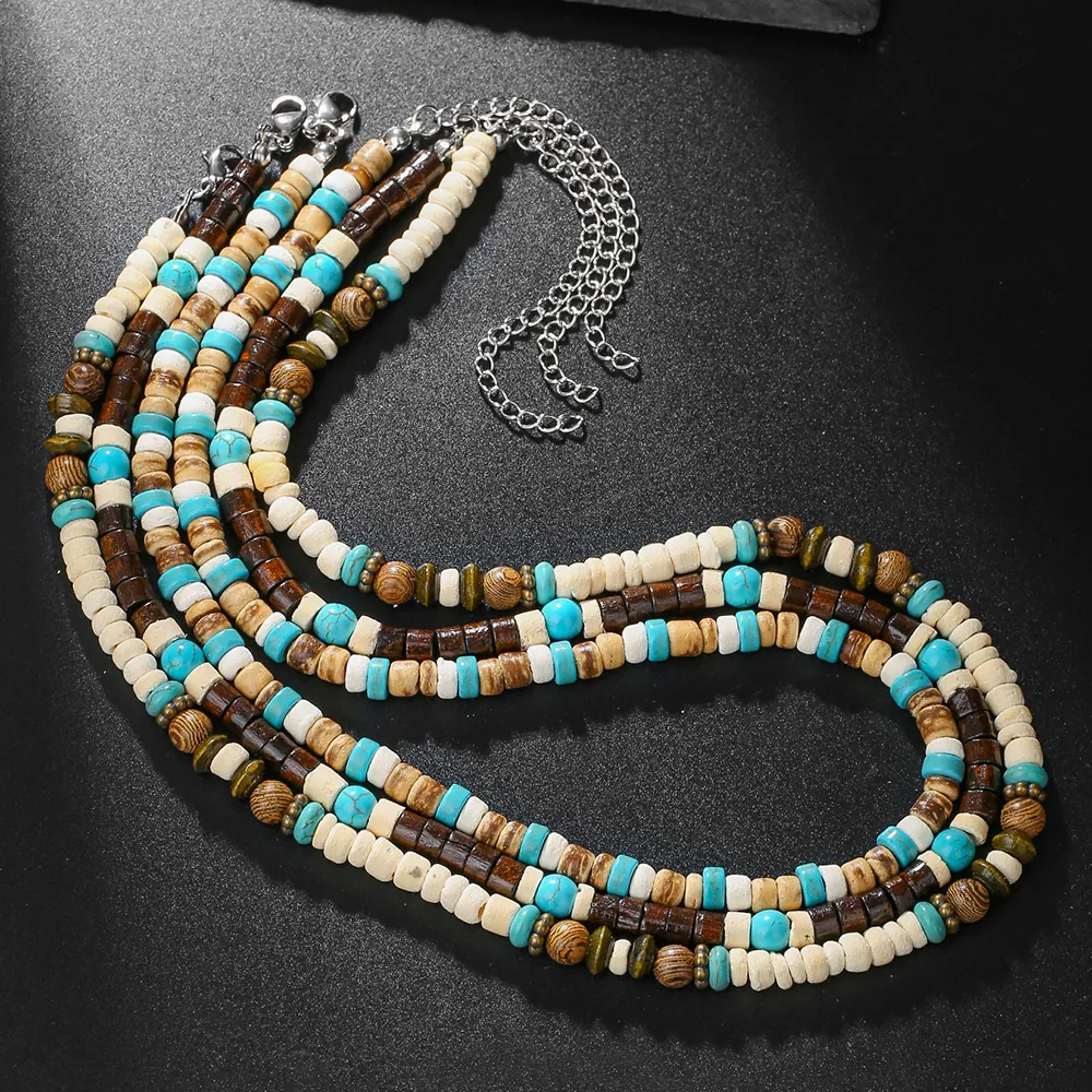 Collana da Uomo in Legno e Guscio di Cocco Fatta a Mano Etnica Bohemien con Perline in Resina Turchese Girocollo Accessori Gioielli