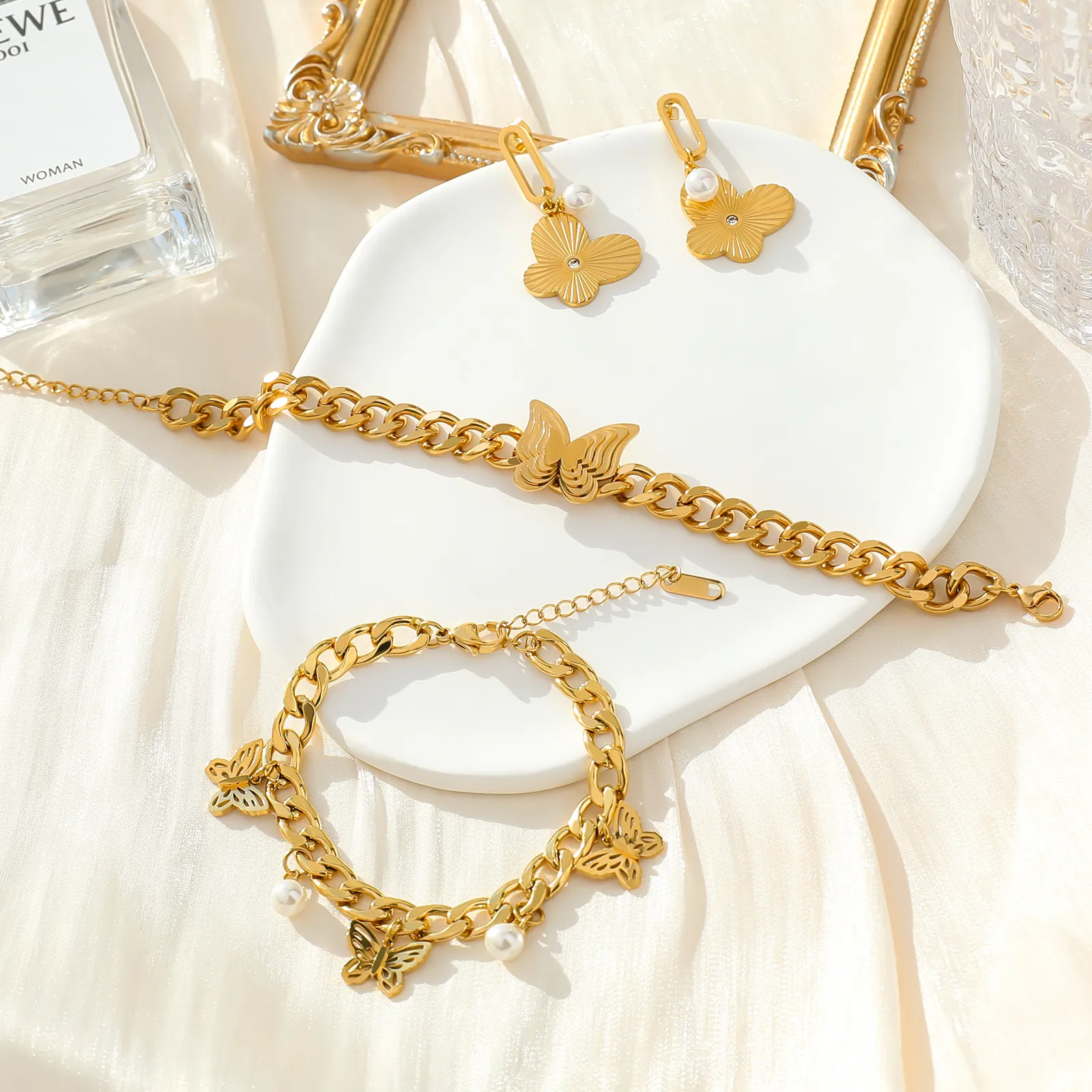 Schmetterling Schmuck Edelstahl Imitationsperle Ohrringe Und Armband Mode Eleganter Schmuck Für Damen