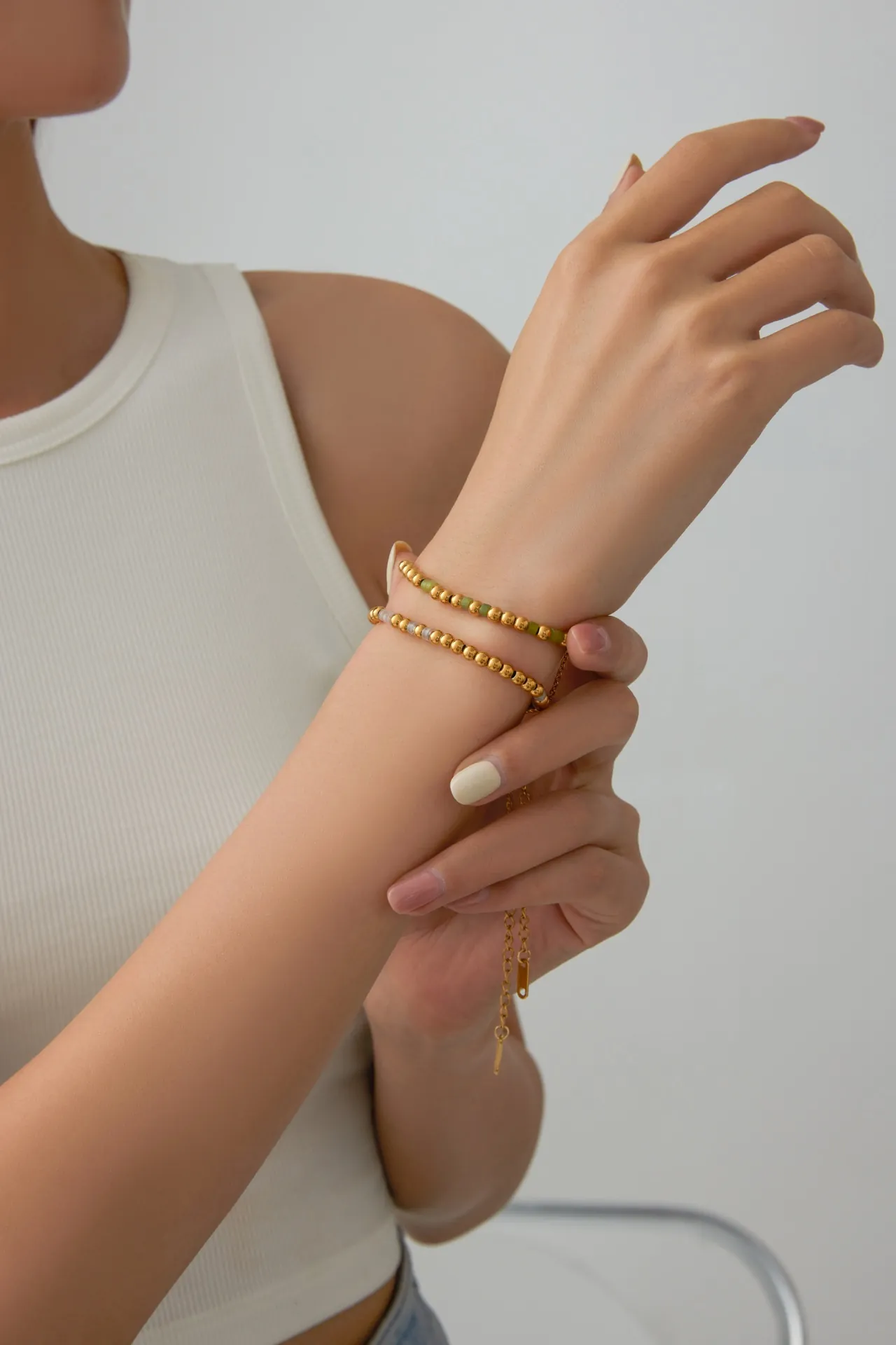 Bracelet En Perles Acier Inoxydable Avec Pierre Naturelle Turquoise Plaqué Or Bijoux Minimalistes Réglables Pour Femmes