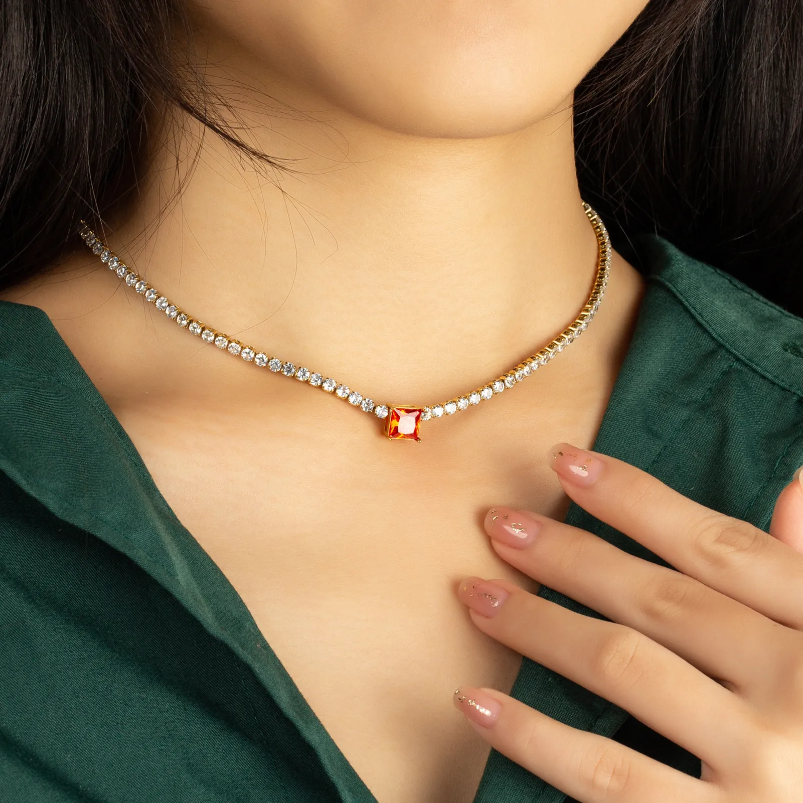 Elegante Roestvrijstalen Tennisketting Verguld Veelkleurige Zirkonia Geometrisch Hart Vierkant Hanger Choker Voor Vrouwen Sieraden