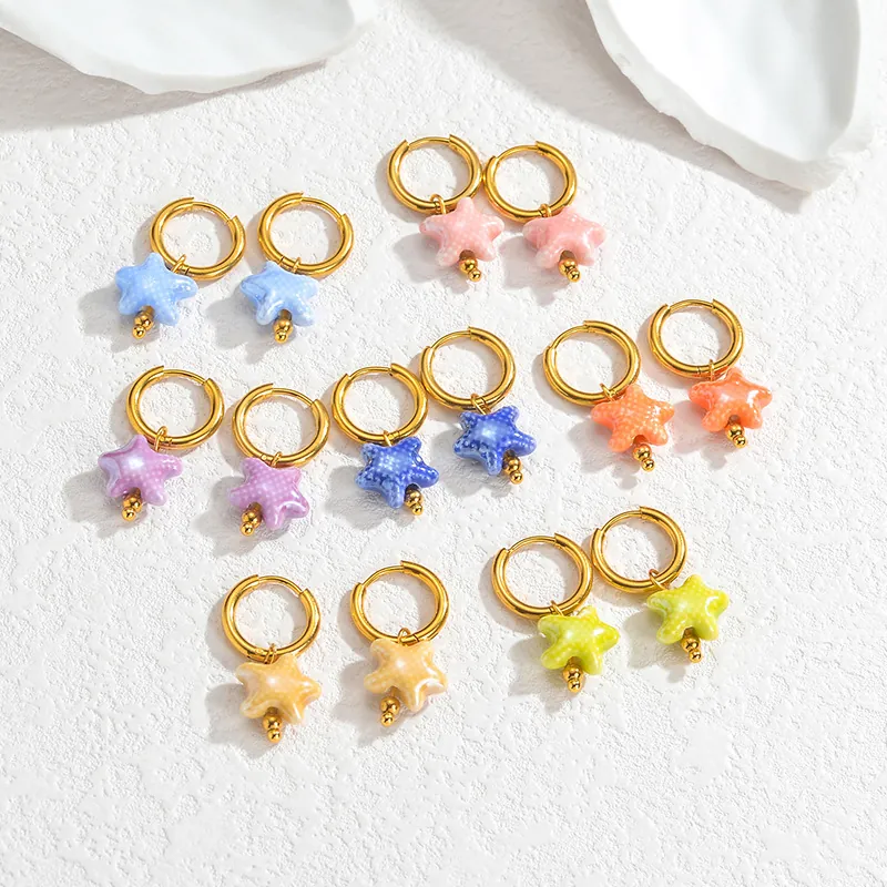 Orecchini a Cerchio in Acciaio Inossidabile con Stella Marina Placcati in Oro 18K Pendenti con Stelle Colorate per Donna