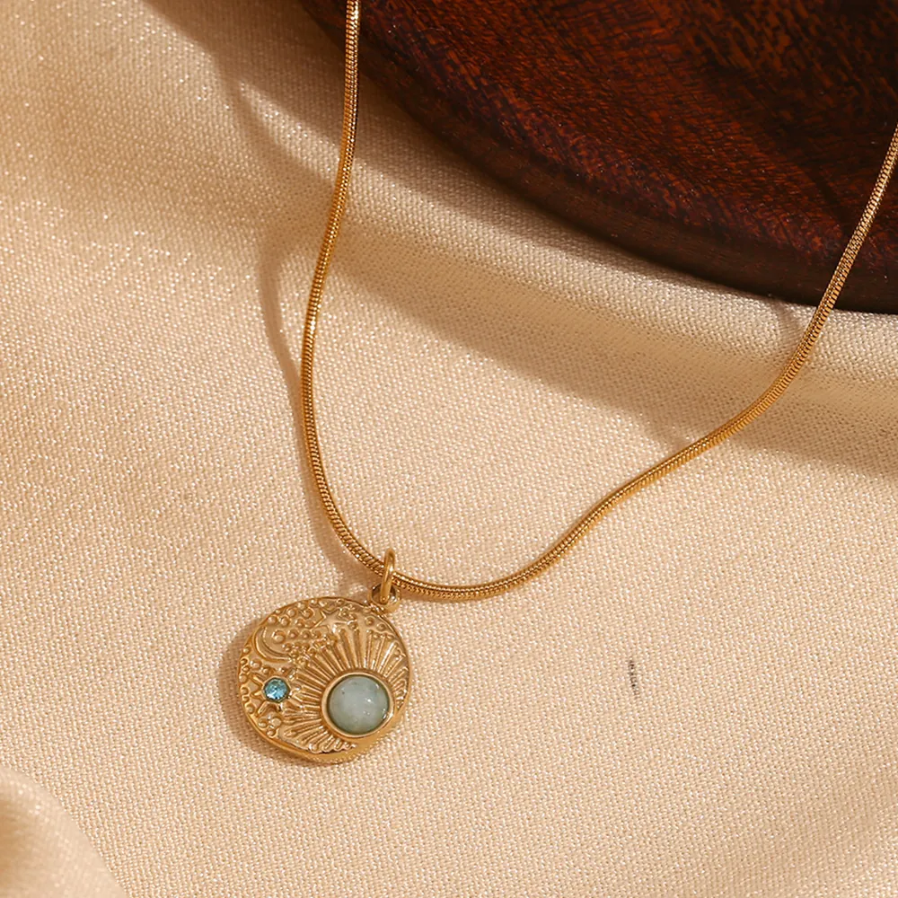 Vintage Starry Sky Compass Pendant Necklace 18K Gold Plated Stainless Steel With Sun Moon Star Birthstone For Women