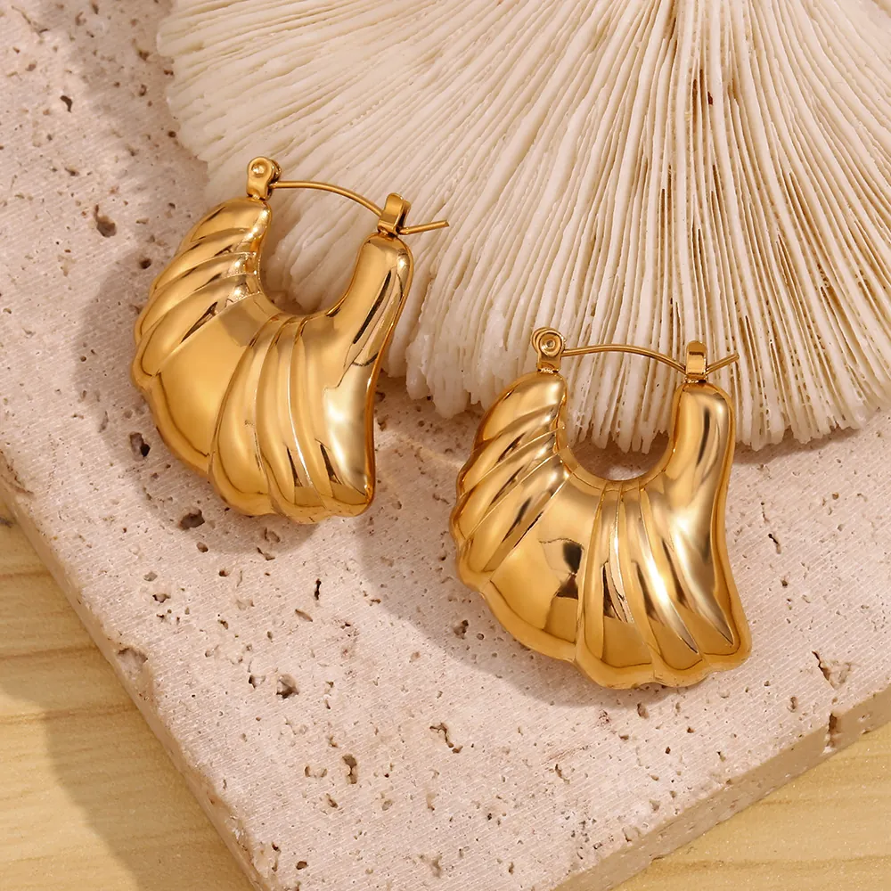 Croissant Hoop Earrings 18K Gold Plated 316L Stainless Steel Pleated Chunky Hollow Spiral Fashion Jewelry For Women