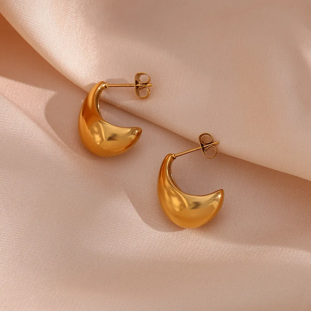 Boucles D'oreilles Puces Goutte D'eau Minimalistes Acier Inoxydable Poli Miroir Creux Géométrique Or Croissant Pour Femmes