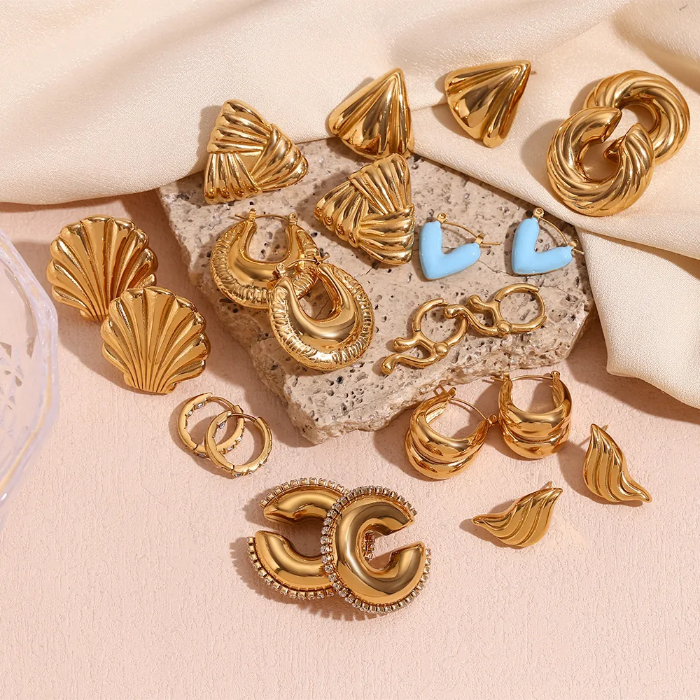 Boucles D'oreilles Géométriques Chunky Plaqué Or 18K Acier Inoxydable 316L Triangle Creux Coquillage Coeur Bijoux Femme