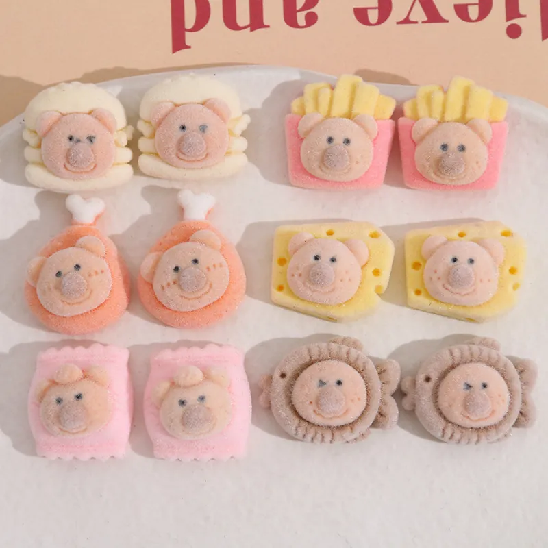 Cartoon Bear Food Flocked Resin Flatback Charms For DIY Phone Case Decoration Hair Accessories Fries Burger Cheese Bear Charms