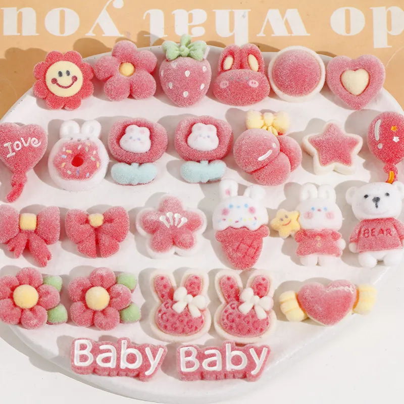 Red Pink Flocking Resin Cartoon Bear Bunny Heart Flower DIY Accessories For Hair Clips Phone Case Crafts Decoration