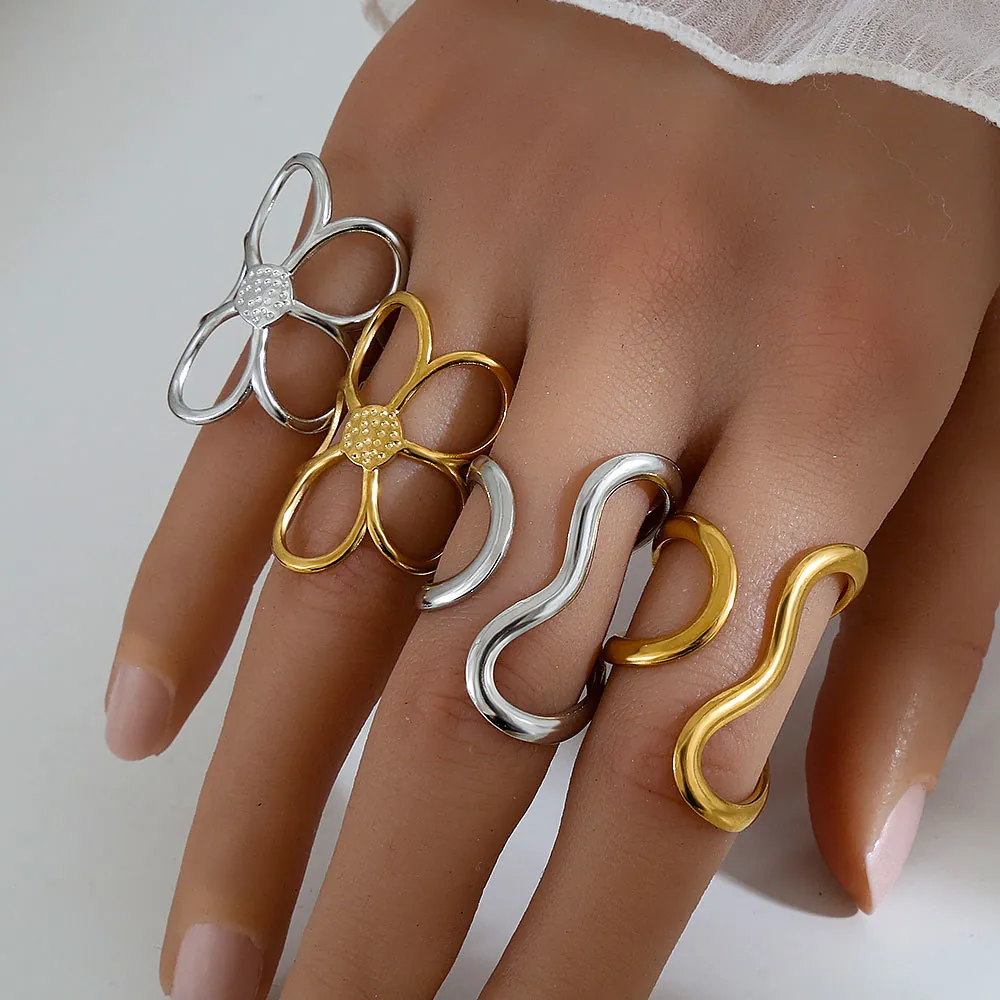 Stainless Steel Open Ring For Women Adjustable Hollow Flower Geometric Wave Two-tone Metallic Fashion Finger Jewelry Gift