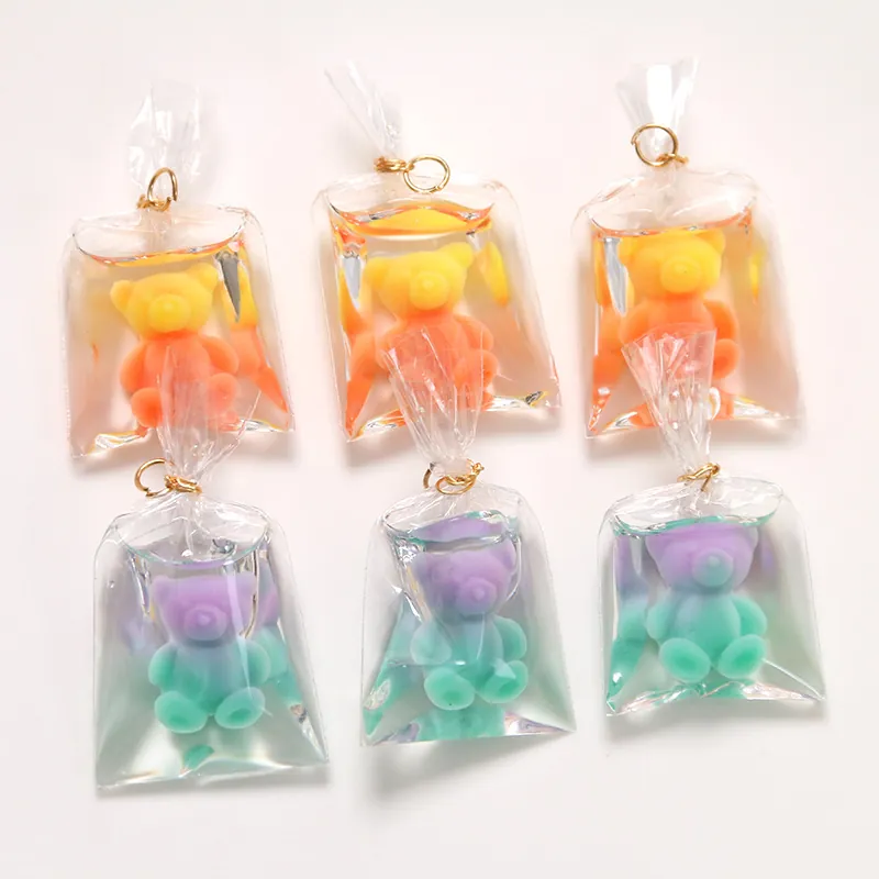 Cute Bear Water Bag Resin Pendant Creative Gradient Bear Liquid Bag Accessory For DIY Phone Case Keychain Backpack Decor