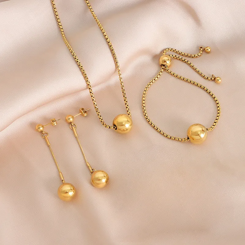 Minimalist 18K Gold Plated Stainless Steel Round Ball Necklace Adjustable Bracelet Drop Earrings Jewelry For Women