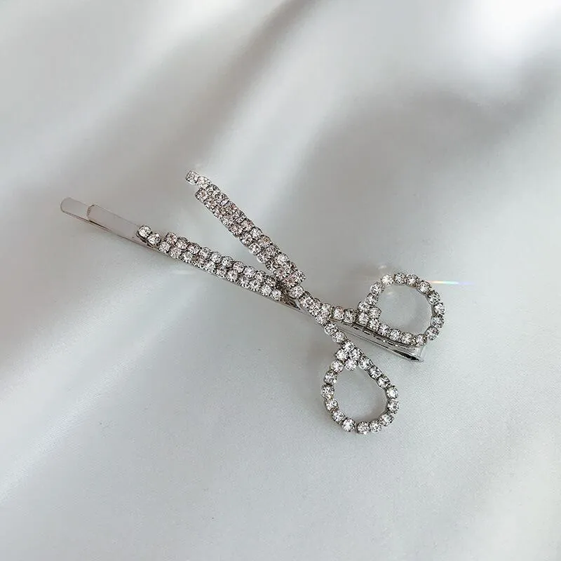 Creative Scissor Shaped Alloy Hair Clip With Rhinestones Silver Tone Side Hairpin For Women Girls Korean Style Fashion Accessory