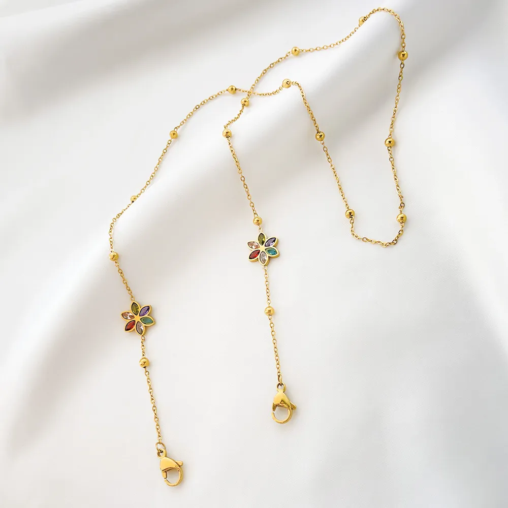 Colorful Rhinestone Flower Titanium Steel Eyeglass Chain Mask Lanyard Gold Plated Anti-lost Hanging Neck Chain For Women