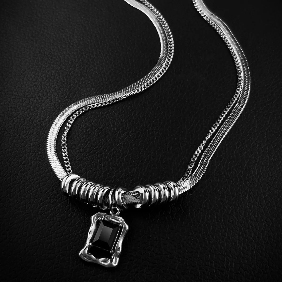 Collar de Pendiente de Doble Capa de Acero de Titanio de Diseñador Cool para Mujer Joyería de Moda de Diamante de Imitación Rectangular Negro