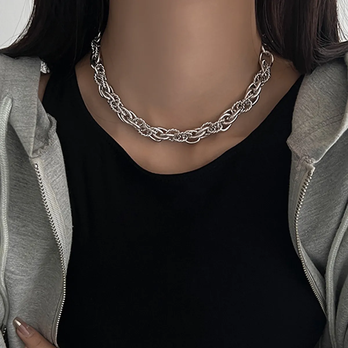 Women Hip Hop Silver Thick Braided Geometric Chain Necklace Chunky Twisted Link Choker Statement Titanium Steel Jewelry