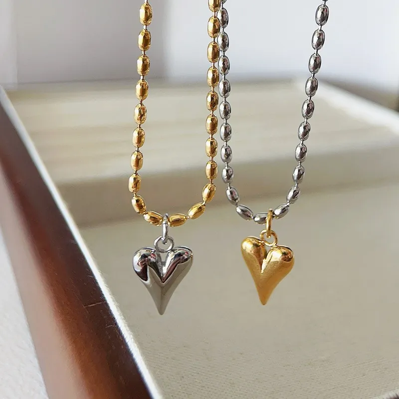 Heart Pendant Necklace Stainless Steel 18K Gold Plated Bicolor Bead Chain Polished Fashion Jewelry For Women