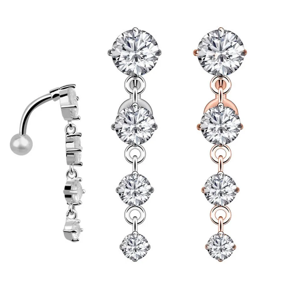 316L Stainless Steel Dangle Belly Button Ring Vertical Rhinestone Curved Barbell Body Piercing Jewelry For Women Rose Gold