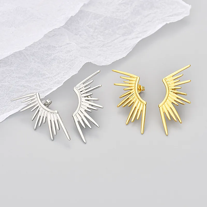 European Fashion Exaggerated Copper Radiant Sunburst Wing Stud Earrings For Women Gold Silver Plated Geometric Statement Jewelry