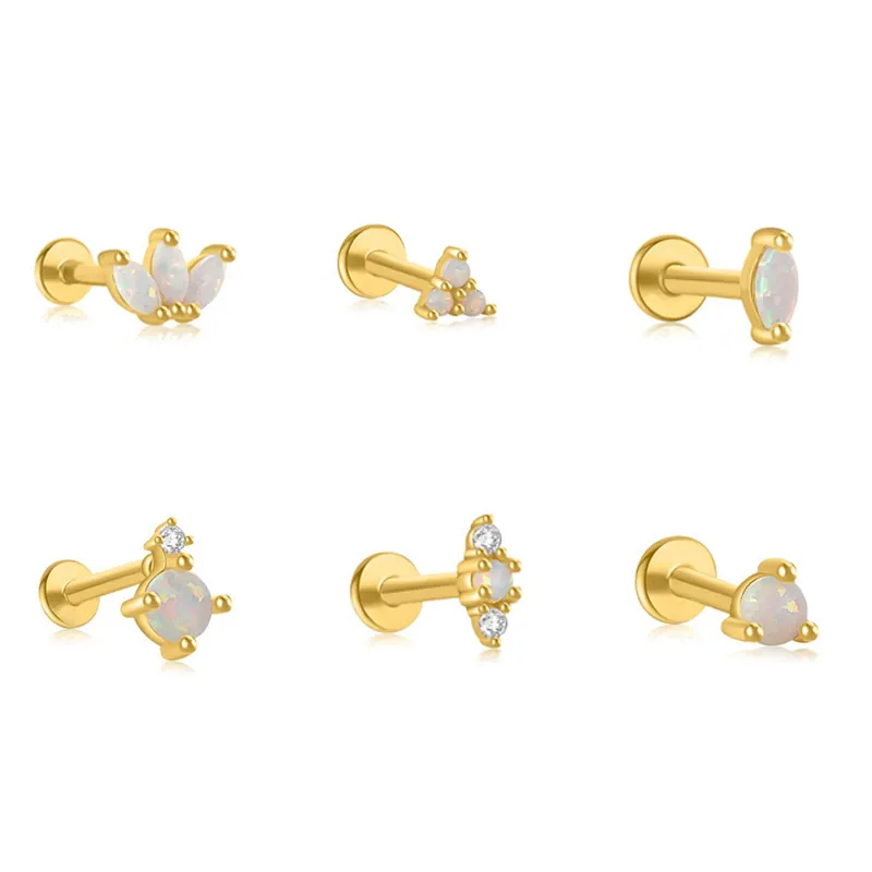 925 Sterling Silver Earring Post Opal Labret Stud Earrings For Women Geometric Crown Marquise Flat Back Cartilage Piercing Jewelry