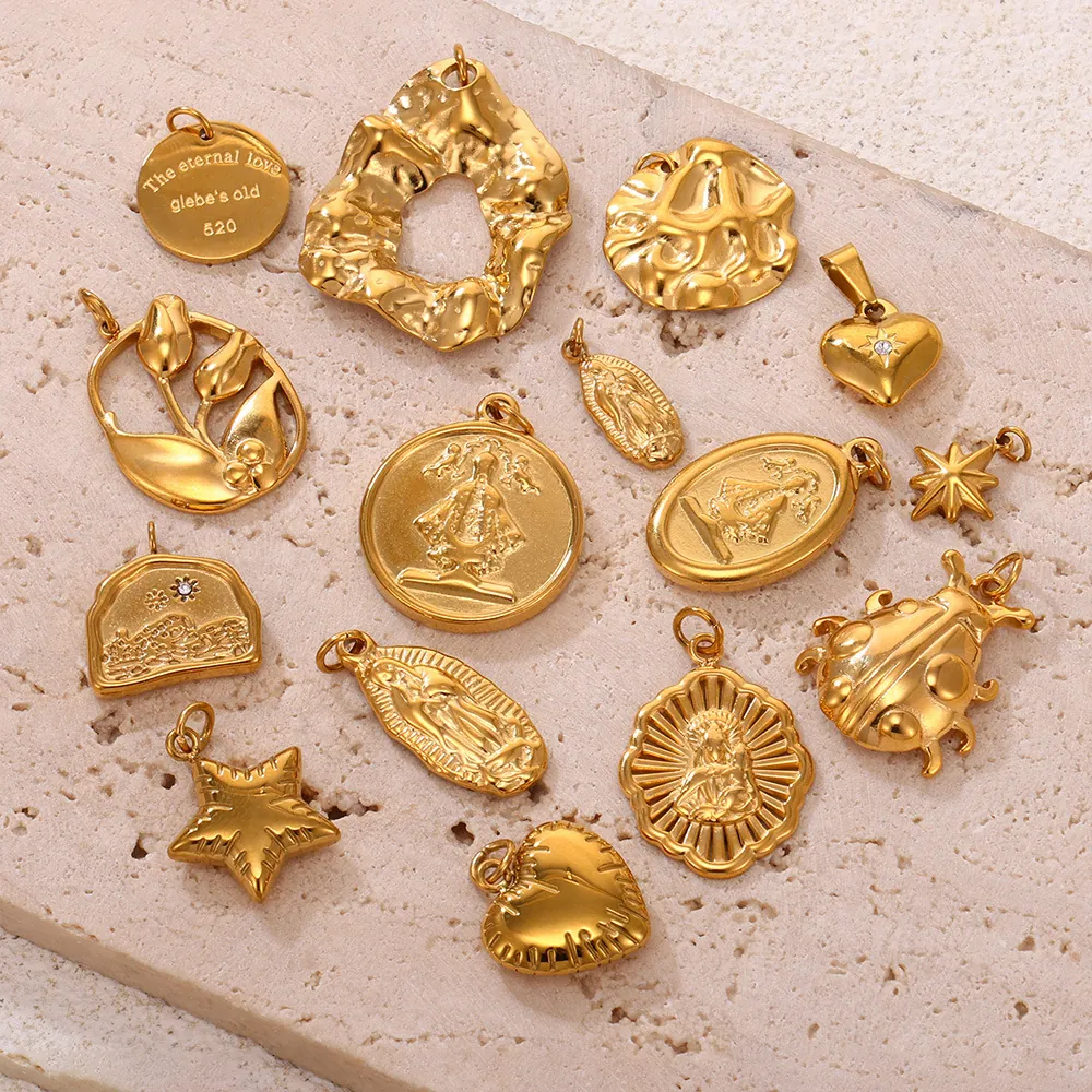 Colgante de Acero Inoxidable Vintage para Fabricación de Joyas Oro Acero Zirconia Turquesa Corazón Estrella Religioso DIY