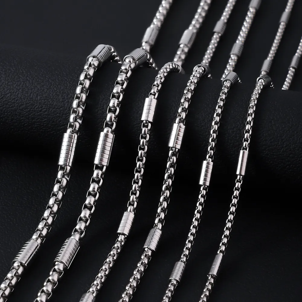 Stainless Steel Box Chain Necklace And Bracelet With Textured Cylindrical Beads Hip Hop Punk Jewelry For Men Women