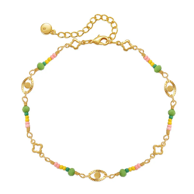 Tobillera de Latón Chapado en Oro de 18K Estilo Bohemio Para Mujer Cuentas de Colores Ojo Turco Flor Joyería Ajustable