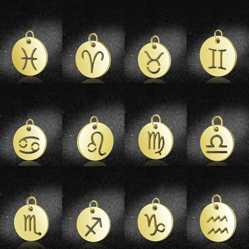 316L Stainless Steel Zodiac Signs Hollow Round Pendant Charms For DIY Necklace Bracelet Making Accessories Minimalist Jewelry Pendants