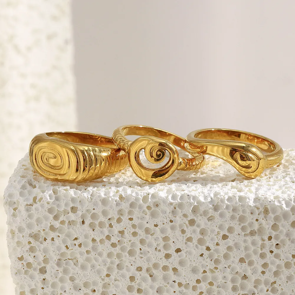 Ring Edelstahl 18K Vergoldet Spiralmuster Fingerabdruck Textur Western Chic Minimalistischer Schmuck Für Damen