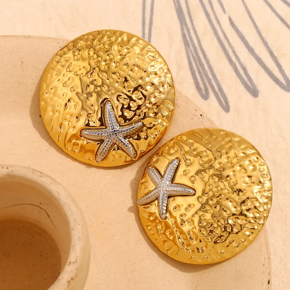 Stainless Steel Stud Earrings 18K Gold Plated Round Hammered Texture Silver Sea Star Fashion Jewelry For Women