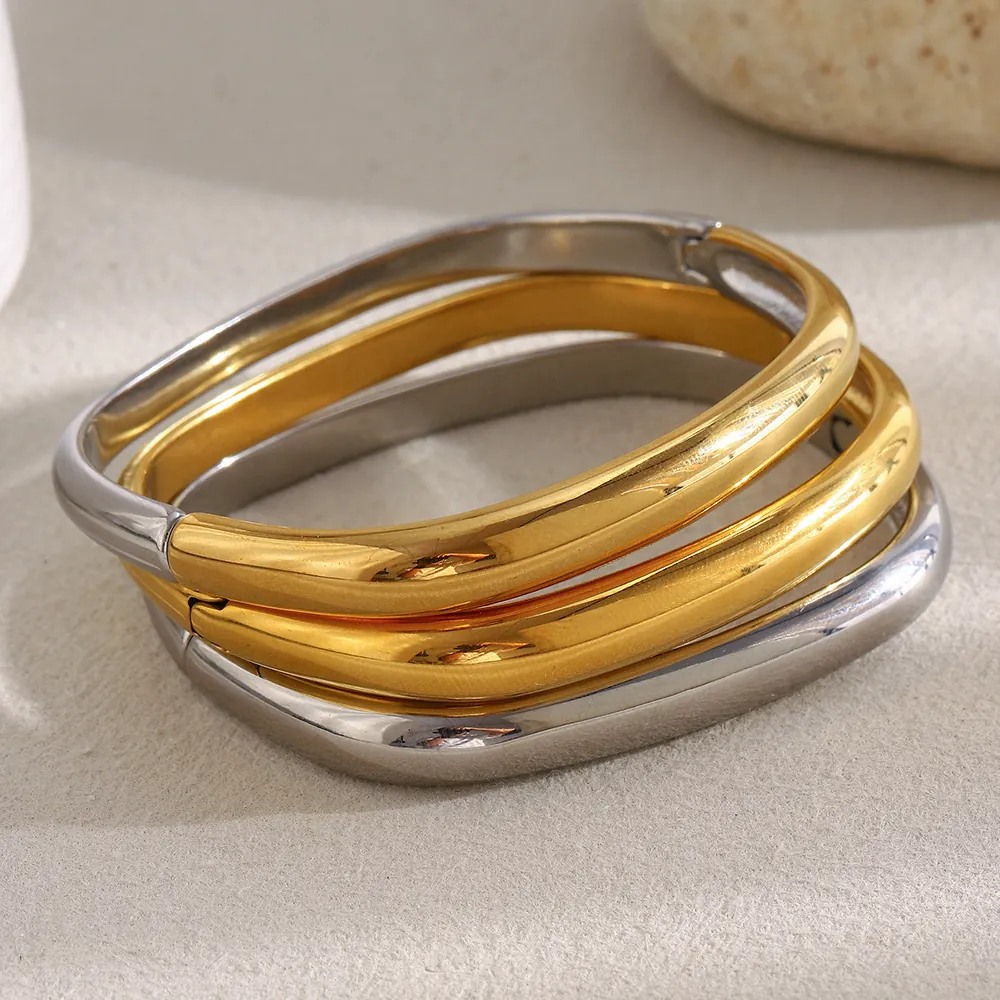 Bracelet Jonc Rond Irrégulier Acier Inoxydable Plaqué Or 18K Minimaliste Poli Miroir Fermoir À Charnière Bijoux Femme