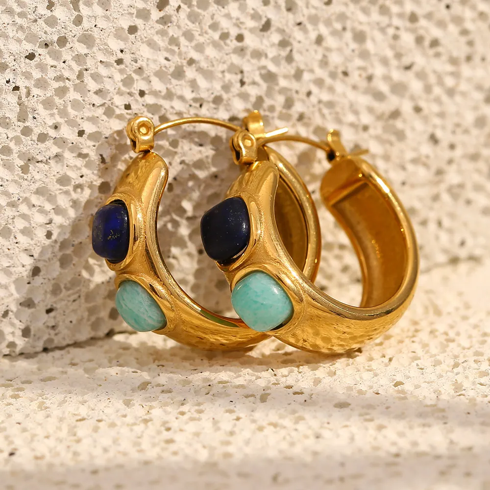 Orecchini A Cerchio Vintage A Forma Di C Acciaio Inossidabile Placcato Oro 18K Pietra Naturale Gioielli Retrò Per Donne