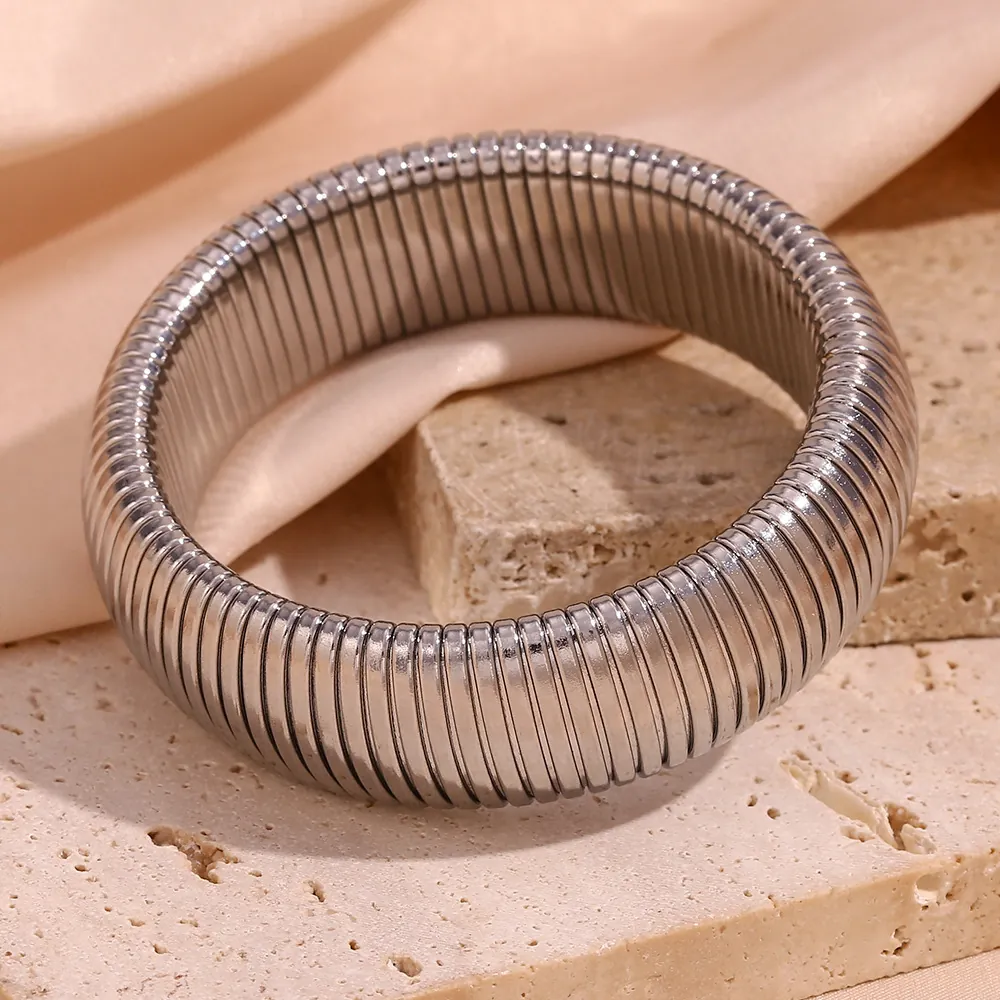 Tubogas Wide Bangle Bracelet Stainless Steel 18K Gold Plated Elastic Snake Chain Ribbed Geometric Minimalist For Women