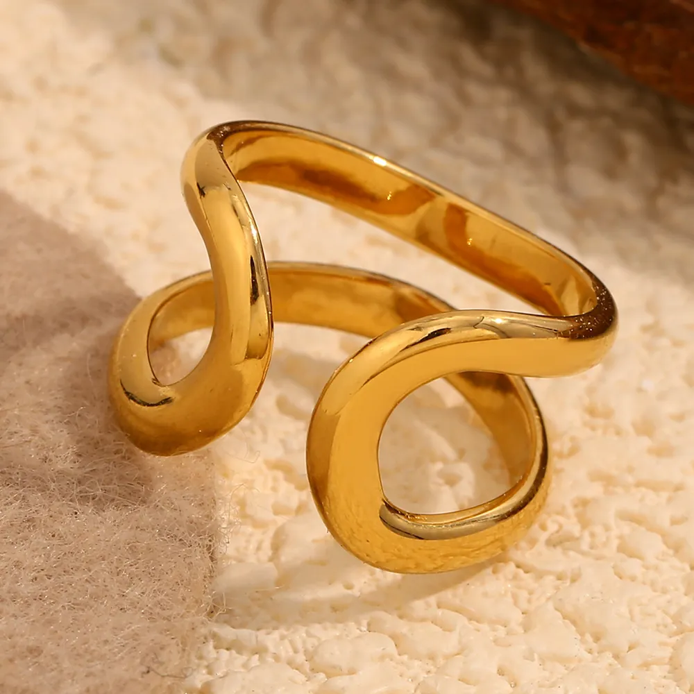 Minimalistischer Edelstahl 18K Vergoldet Welle Doppelschicht Offener Ring Verstellbare Geometrie Kunstschmuck Damen Geschenk