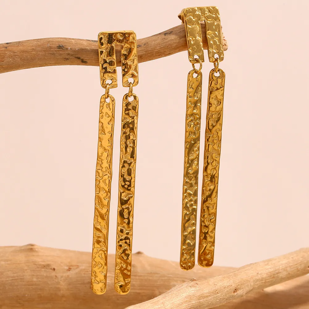 Boucles D'oreilles Pendantes Longue Barre Texture Martelée Acier Inoxydable Plaqué Or Style Français Vintage Bijoux