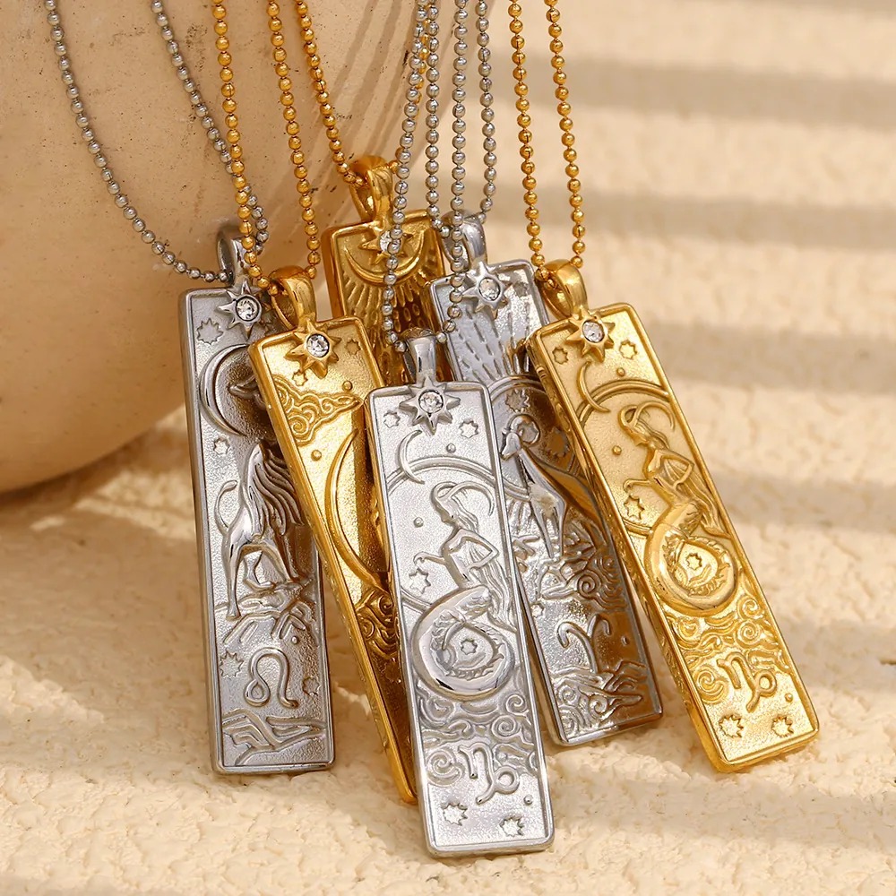 Constellation Pendant Necklace Stainless Steel Gold Plated Rectangular Relief Zodiac Tarot Style For Women