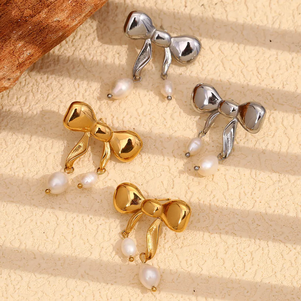 Orecchini A Fiocco Con Perla Artificial In Acciaio Inossidabile Con Perno In Acciaio Inossidabile Placcato Oro 18K Gioielli Eleganti