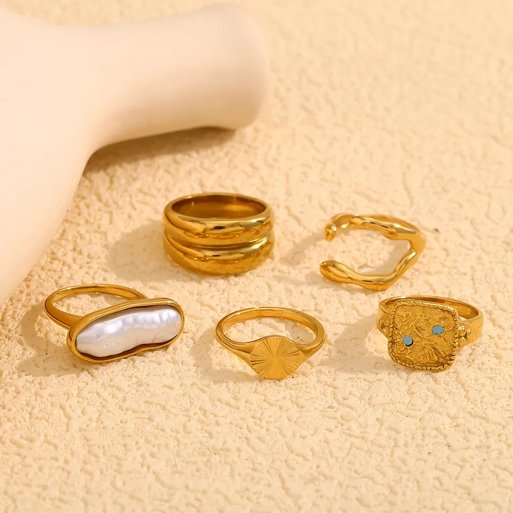 Bague En Acier Inoxydable Plaqué Or 18K Vintage Pour Femmes Irrégulière Géométrique Künstliche Perle Baroque Bijoux Minimalistes