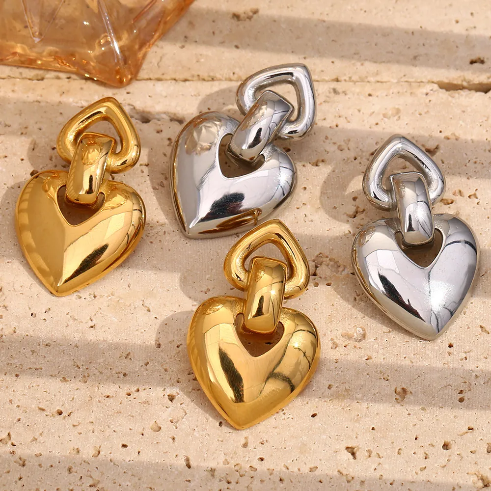 Boucles D'oreilles Pendantes Coeur Acier Inoxydable Plaqué Or 18K Lien Coeur Creux Bijoux Mode Minimaliste Pour Femmes