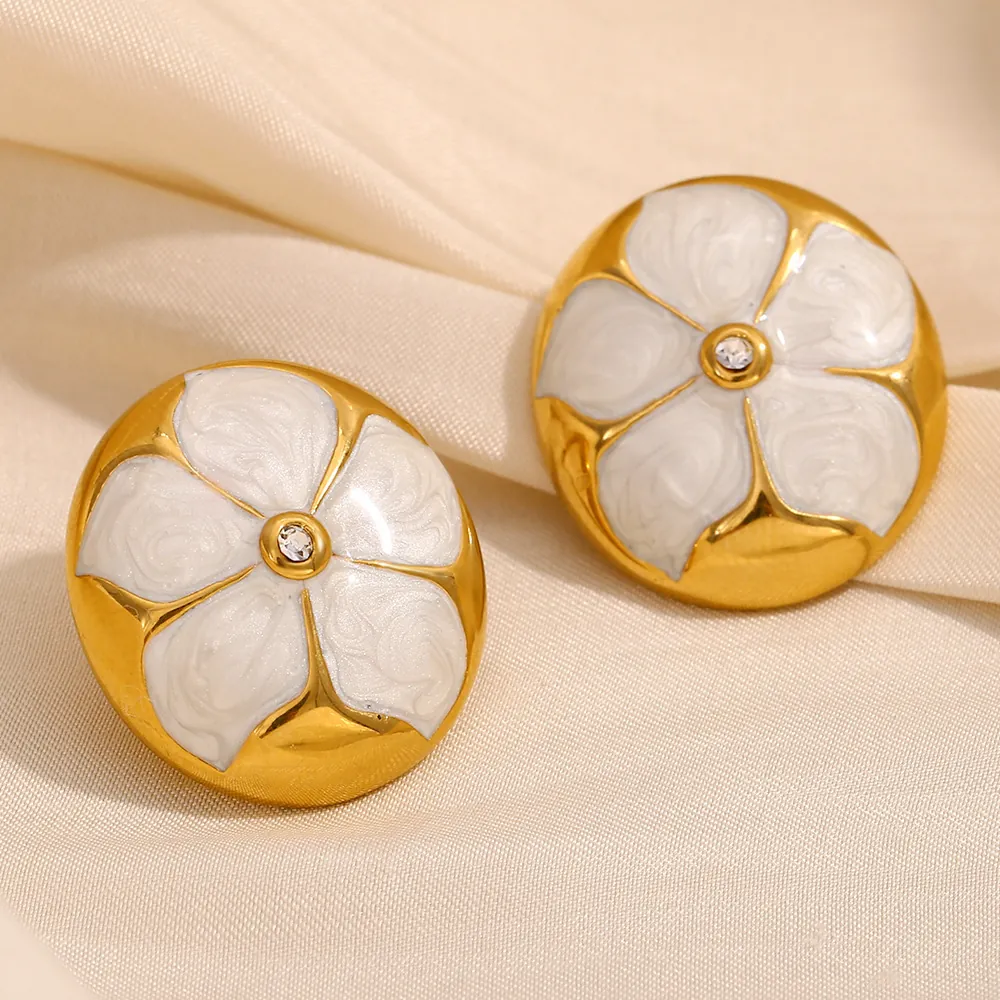 Boucles D'oreilles Puces Fleur Acier Inoxydable Plaqué Or 18K Émail Blanc Avec Cristal Rétro Élégant Bijoux Femmes