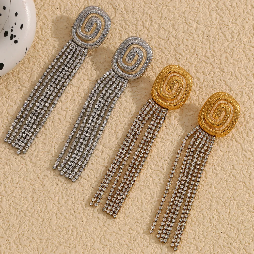 Vintage Tassel Drop Earrings For Women Stainless Steel 18K Gold Plated Hammered Spiral Long Rhinestone Dangle Jewelry