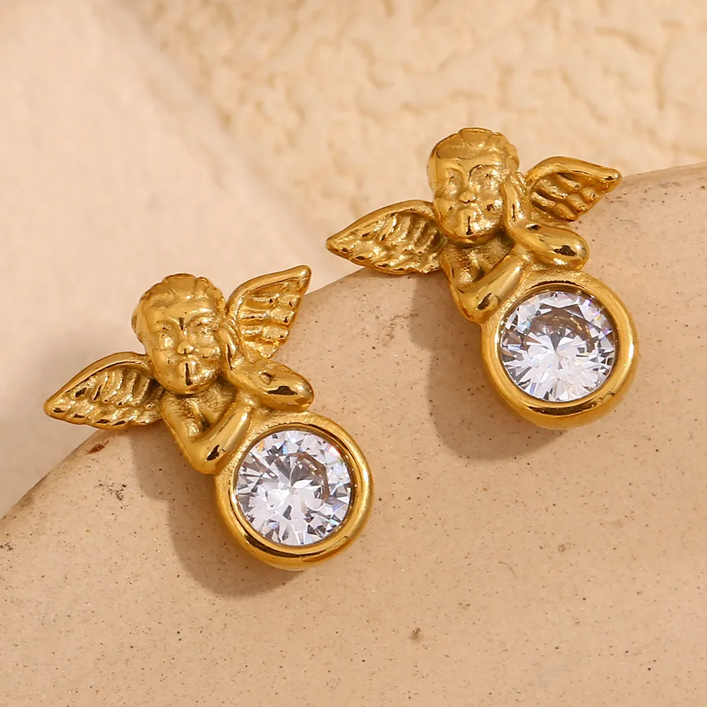 Boucles D'oreilles Puces Ange En Acier Inoxydable Plaqué Or 18K Zircon Rond Mode Française Vintage Pour Femmes
