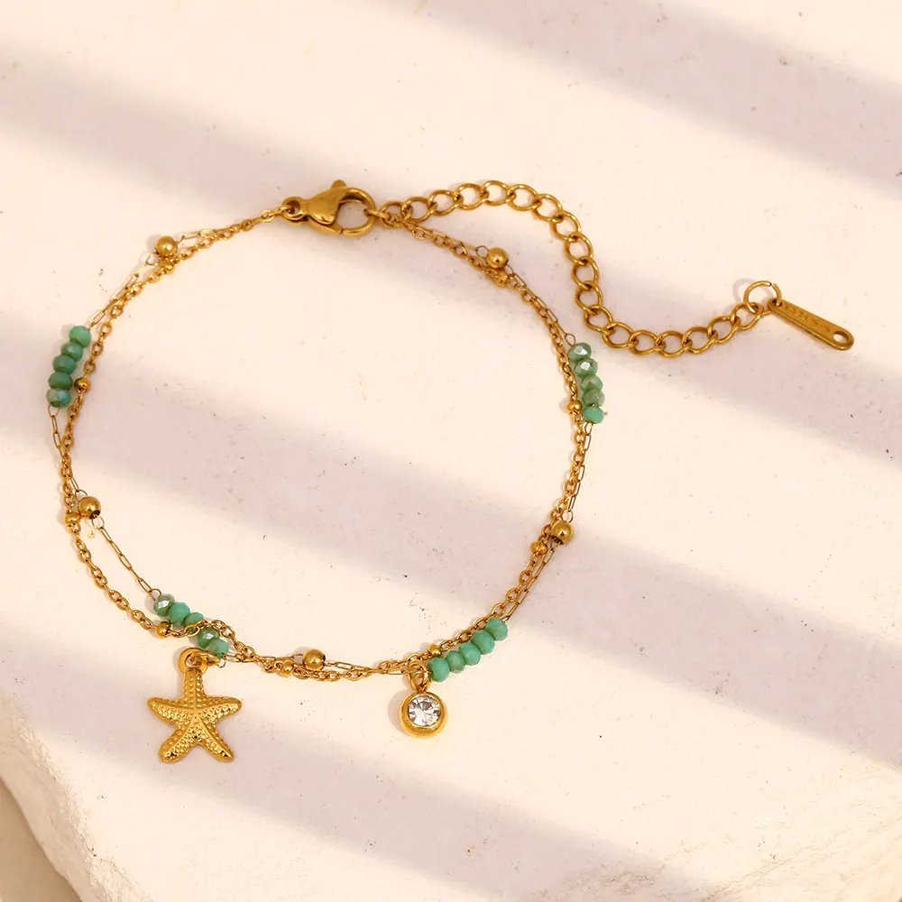 Seestern Doppelreihiges Edelstahl Armband 18K Vergoldet Zirkon Grüne Perlen Strand Schmuck Für Damen