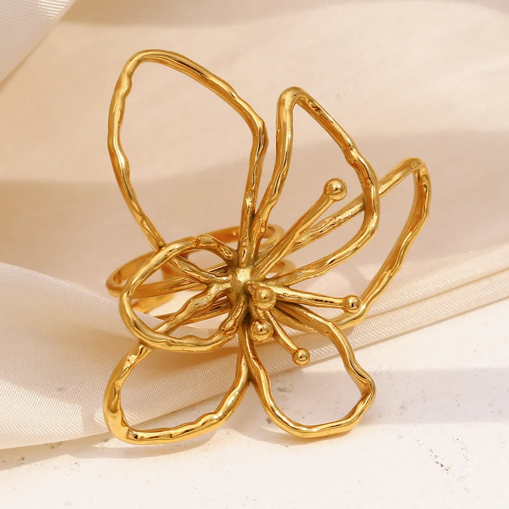 Anello Aperto Fiore In Acciaio Inossidabile Placcato Oro 18K Linea Cava Gioielli Di Moda Artistica Regolabili Per Donna