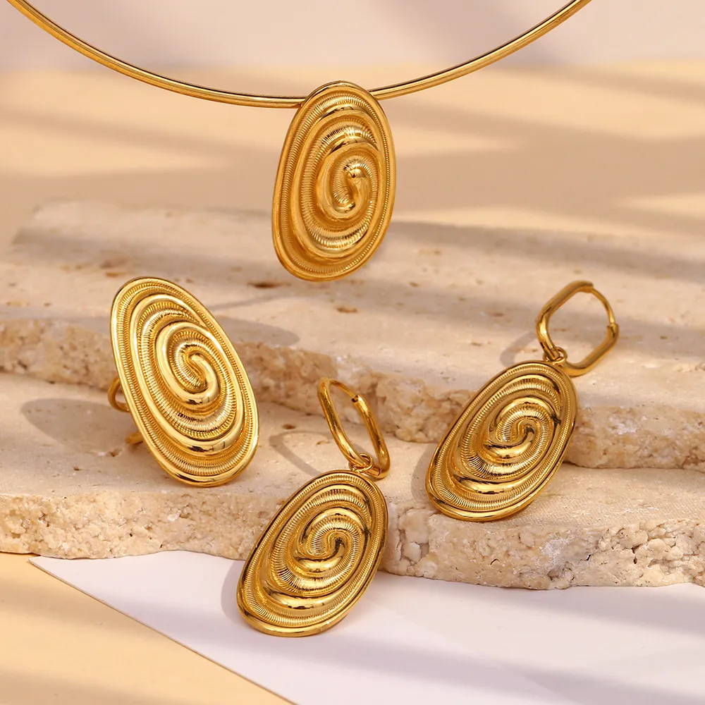 Bijoux Fossile De Conque Acier Inoxydable Plaqué Or 18K Spirale Style Français Vintage Collier Boucles Oreilles Bague Femmes