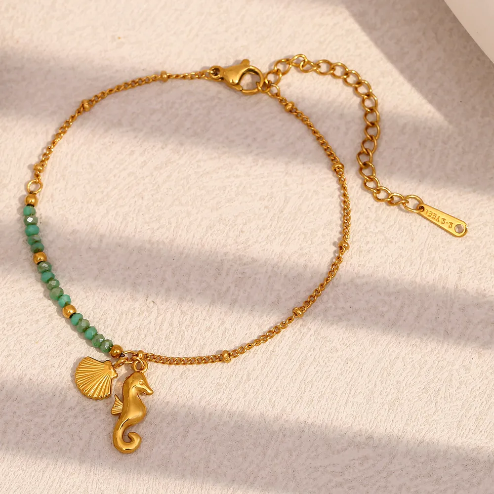 Bracelet À Breloque Hippocampe Coquillage Acier Inoxydable Plaqué Or 18K Perle Verte Plage Vacances Mode Femmes