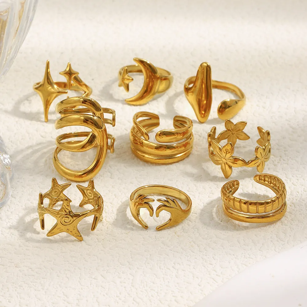 Adjustable Open Ring 18K Gold Plated Stainless Steel Heart Starfish Star Moon Flower Geometric Fashion Jewelry For Women